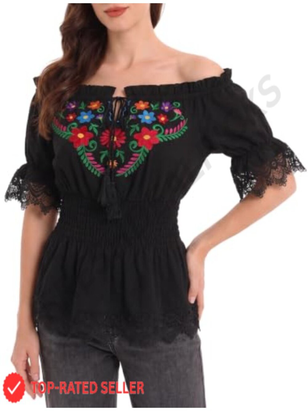 Women's Mexican Embroidered Peasant Blouse Bell Sleeve Cotton Top